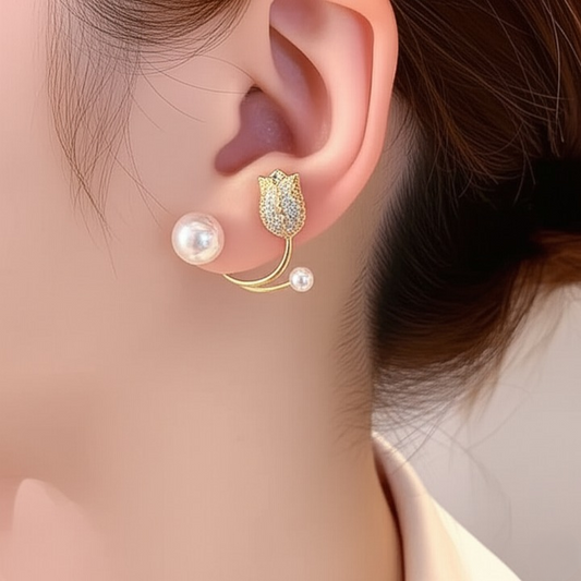 Beautiful Pearl Zircon Korean Flower Earrings for Women –